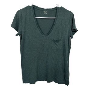 Madewell Pine Green 100% Cotton Burnout V-Neck Short Sleeve T-Shirt